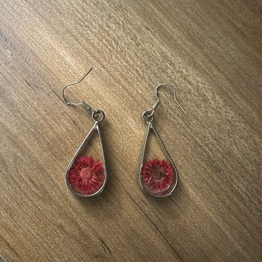 Elegant Silver and Pink Floral Teardrop Earrings - Picture 1 of 3